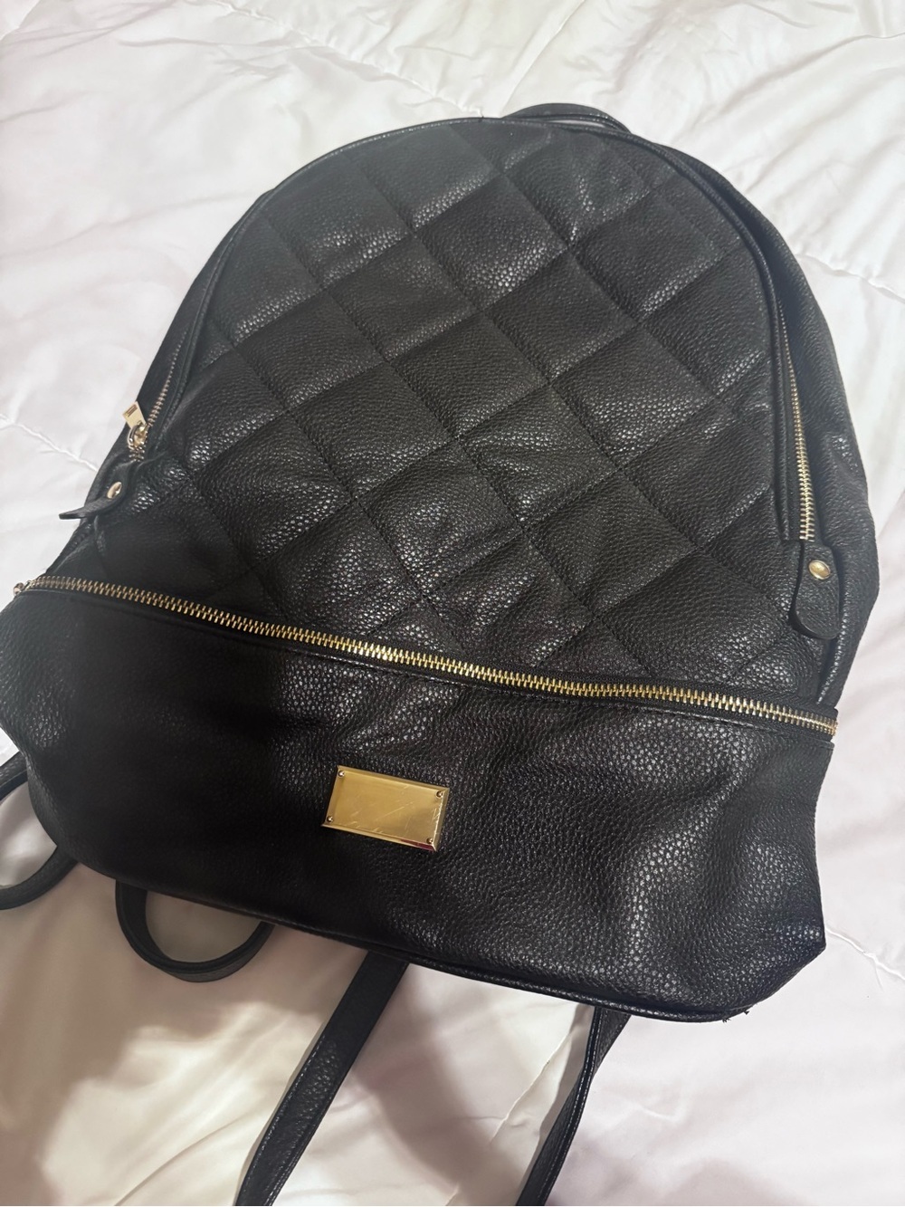 Black Quilted Faux Leather Backpack Gold Hardware Front Pocket